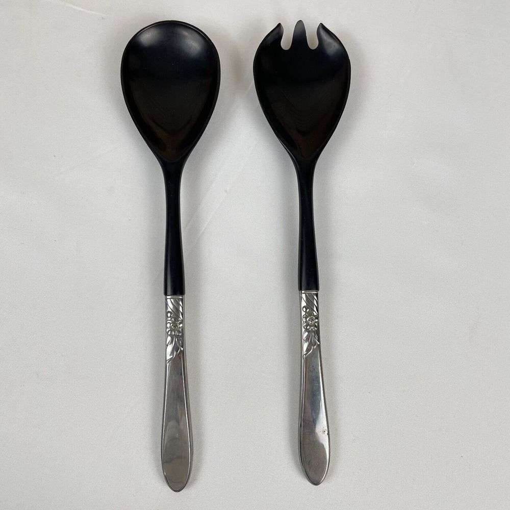Vintage Salad Serving Utensil Set Plastic & Metal Floral‎ Pattern